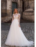 High Neck Beaded Ivory Feather Embroidery Lace Tulle Wedding Dress